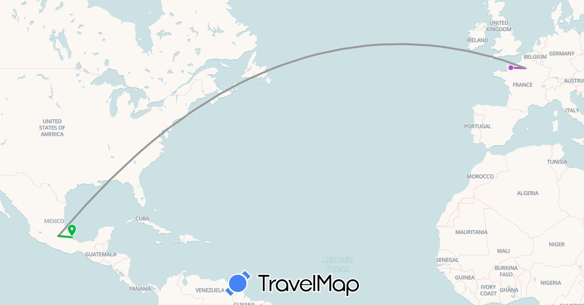 TravelMap itinerary: driving, bus, plane, train in France, Mexico (Europe, North America)